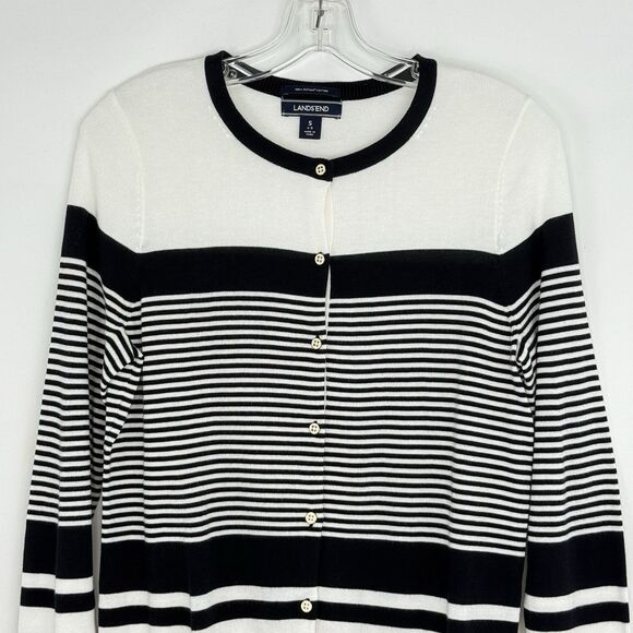 Lands End Womens Nautical Striped Cardigan Small Black White 100% Supima Cotton - Picture 3 of 16